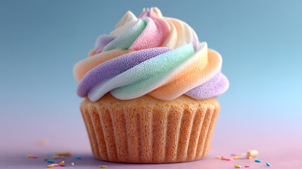 A delicious cupcake with swirled pastel colored frosting and sprinkles on a pink and blue background, perfect for dessert or celebration