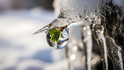 Macro of water drop on icicle with green bud reflection