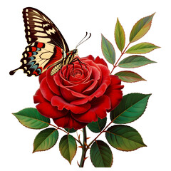 A beautiful butterfly resting gracefully on a vibrant red rose with lush green leaves