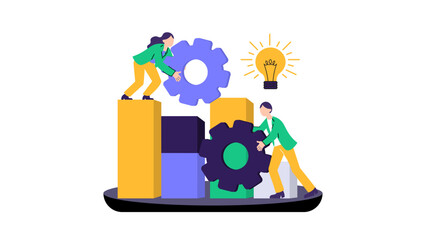 Business team collaborating, connecting gears for new ideas and growth