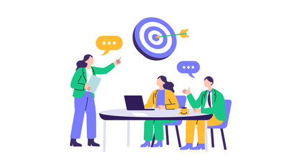 Business professionals collaborating and communicating goals with a target and arrow graphic