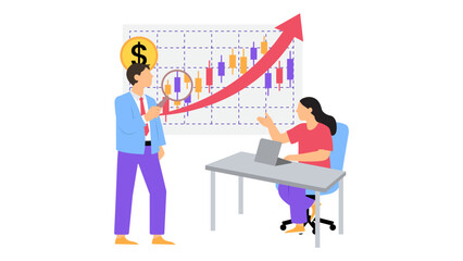 Businesspeople managing investment portfolio, reviewing financial chart with upward arrow illustrating success