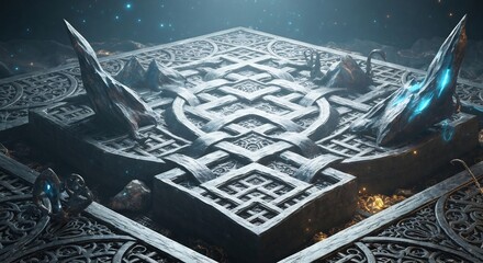 Intricate dark platform with glowing blue crystals elaborate interwoven patterns and golden light in a starry landscape