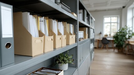 Organized office storage area featuring metal shelving units filled with colorful file folders and cardboard boxes, showcasing efficient workspace management and document organization