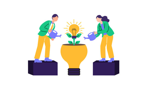 Business team collaborating on innovation, watering a growing idea lightbulb in a pot