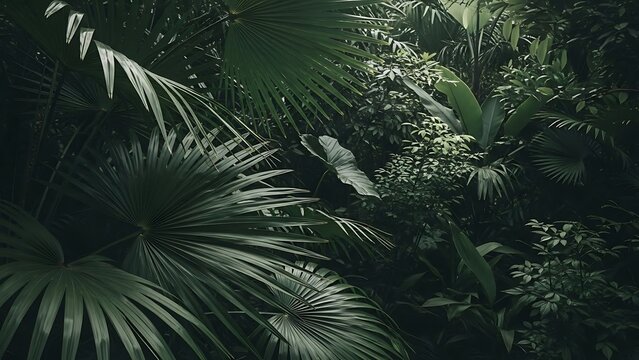 Lush, verdant jungle foliage, an immersive view of dense tropical rainforest plants and leaves, bathed in natural, dim light - Powered by Adobe
