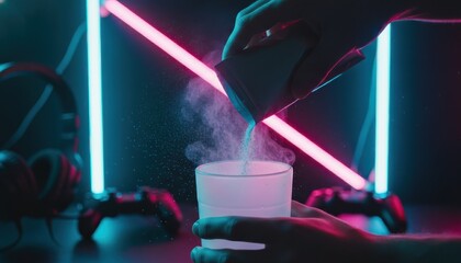 Gamer preparing energy drink supplement in neon lit room