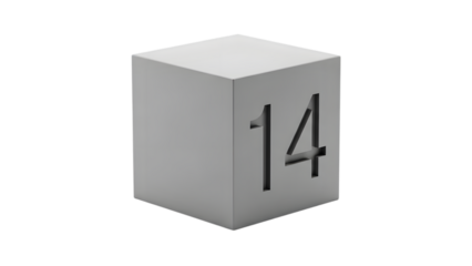 Silver cube with cutout number fourteen symbol on transparent background