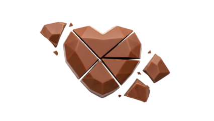 Chocolate heart broken into geometric pieces with transparent background