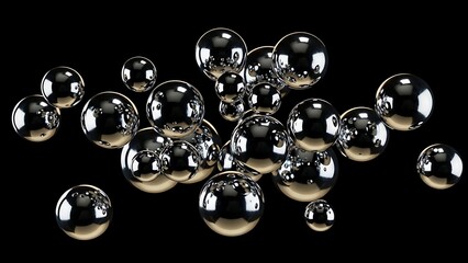 Abstract cluster of shiny metallic spheres against a dark background