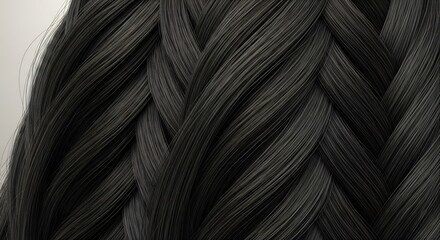 Textured strands of dark braided hair with grey highlights intricately woven on a plain light background