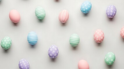 A delightful array of pastel-colored Easter eggs, adorned with charming patterns, scattered across a pristine light background, heralding the joy and renewal of spring festivities