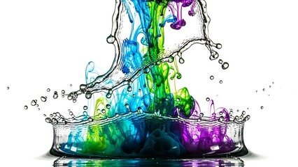 Colorful liquid splash with vibrant hues of blue, green, and purple creating an abstract explosion of motion and beauty