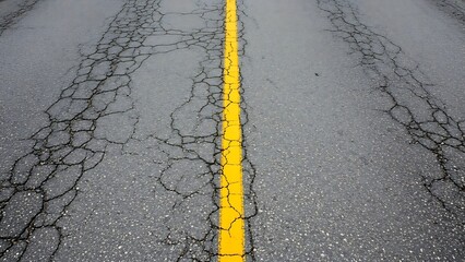 Severely cracked asphalt road surface with a prominent yellow dividing line, highlighting wear, damage, and the urgent need for infrastructure repair