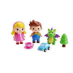 Obraz premium Cute children's toy figures with dragon car and tree set isolated on white background