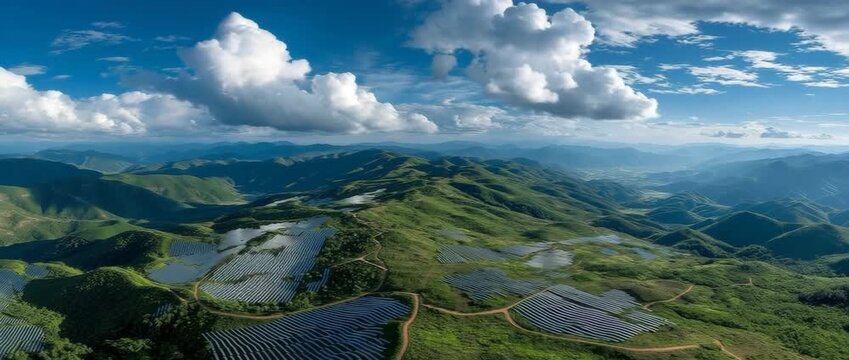 An aerial image of lush mountain ranges covered with solar panels producing renewable energy beneath a blue sky