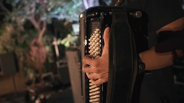 Musician playing accordion during live performance at evening celebration.