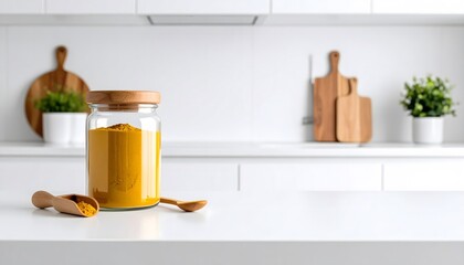 Turmeric powder in glass jar with wooden lid on white kitchen counter