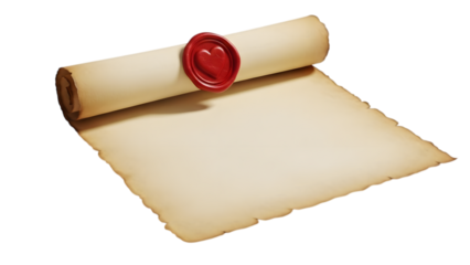Old parchment scroll sealed with red heart wax stamp on transparent background