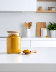 Turmeric Powder in Glass Jar with Wooden Spoon on White Kitchen Countertop