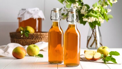 Two Bottles of Apple Cider Vinegar with Apples and Flowers