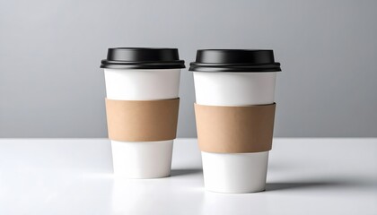 Two Disposable Coffee Cups with Sleeves on Table