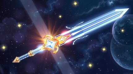 A magical sword shines brightly in a starry night sky with glowing blue stars