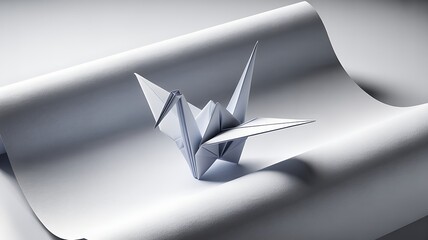 Elegant white origami crane on serene rolled paper background with soft shadows
