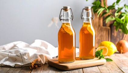 Two Homemade Kombucha Bottles with Lemon Slices on a Wooden Board