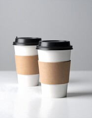 Two White Coffee Cups with Black Lids and Brown Sleeves on White Surface