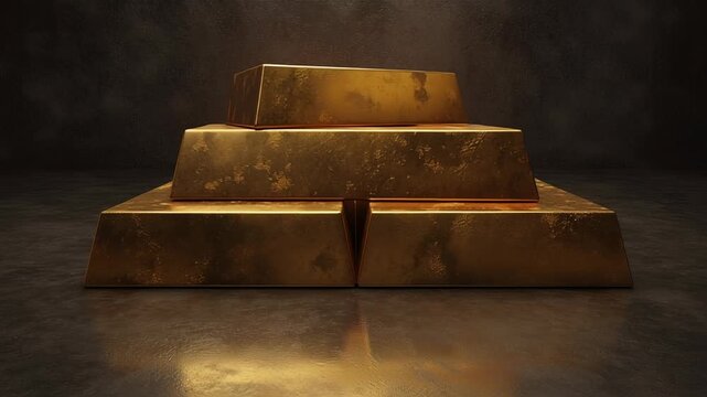 Three gold bars stacked on top of each other. The bars are shiny. Symbolic private gold holding, smooth metallic gold surfaces, discreet wealth aesthetic, private gold ownership