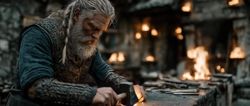 In the backdrop of a stone workshop, flames flicker as a Viking blacksmith with a white beard and braided hair works diligently at a forge, pounding glowing metal on an anvil.