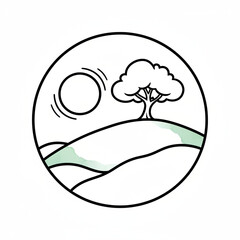 Peaceful minimalist scene of a solitary tree on a verdant hill bathed in sunlight