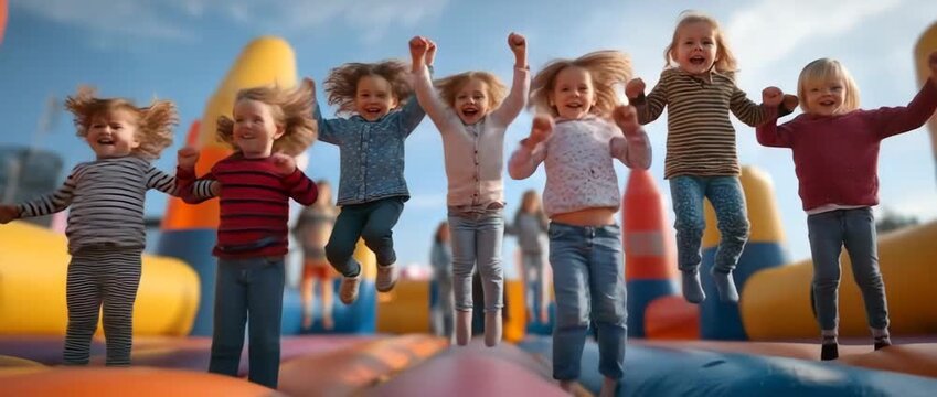 Cute young kids of different ages enjoying themselves on an inflatable bouncy house