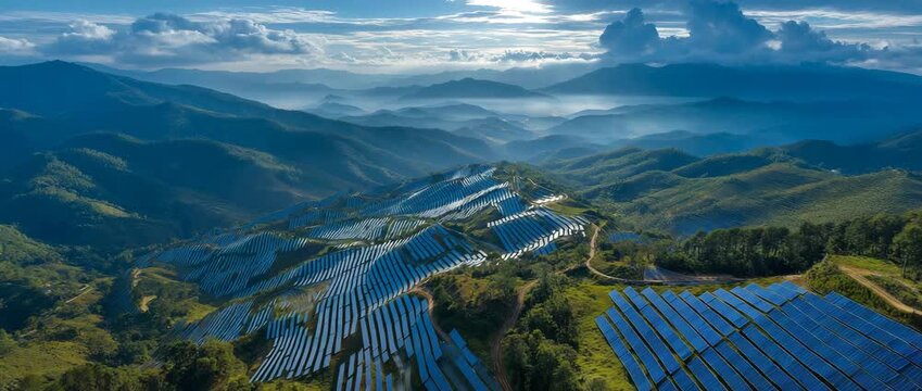 An aerial image of lush mountain ranges covered with solar panels producing renewable energy beneath a blue sky