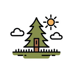 Simple outdoor scenery with green pine tree bright sun and fluffy clouds for nature camping travel concept