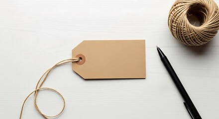 A blank brown craft paper tag with twine and a black pen on a white wooden table, ready for writing a message or price