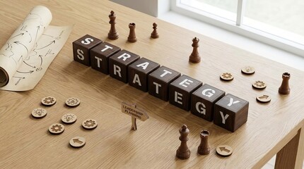 Wooden cubes spelling 'Strategy' on modern table, chess pieces and roadmap elements, leadership planning concept, business theme