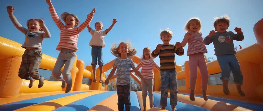 Cute young kids of different ages enjoying themselves on an inflatable bouncy house