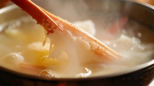 鍋の中で花開くカニしゃぶが食欲を誘う上品な和のひととき