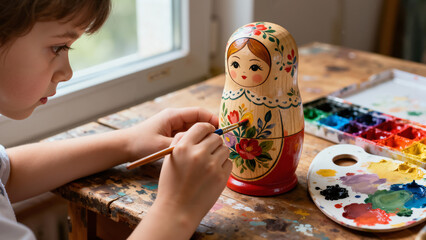 A young boy happily draws a traditional Russian nesting doll on a wooden table.