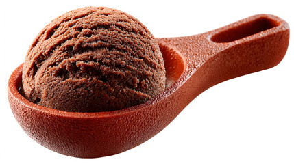 Isolated chocolate ice cream scoop in a red clay spoon on white background, perfect for dessert or sweet treat advertising, showcasing a delicious chocolate ice cream with a textured surface