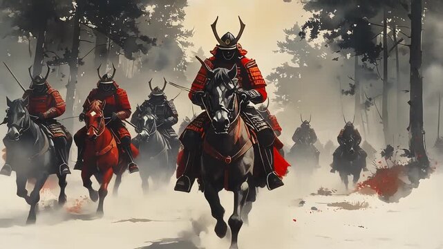 戦国の軍略を体現する部隊が騎馬で一斉に動く合戦の始動場面
