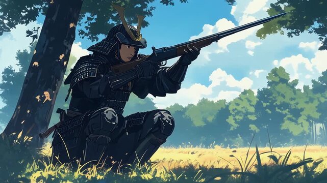 戦国時代の軍隊として鉄砲隊が森の中で狙いを定める緊張感ある場面