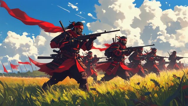 戦国時代の軍隊を率いる鉄砲隊が進軍する迫力ある戦場表現