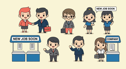Illustration of diverse cartoon business professionals interacting near office buildings with 'New Job Soon' and 'Company' signs in a cheerful, professional setting.