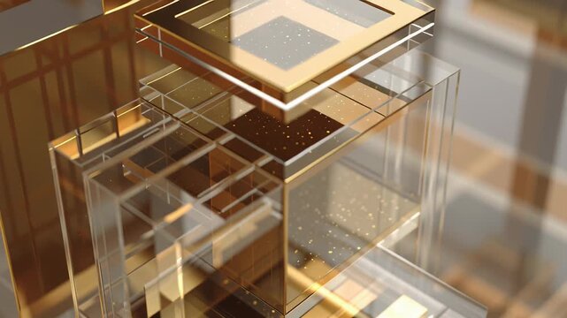 A gold and silver geometric design made of clear glass. Transparent gold investment concept, layered gold geometry with light and shadow, clean and credible financial ethical style