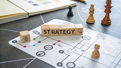 Wooden cubes spelling 'Strategy' on modern table, chess pieces and roadmap elements, leadership planning concept, business theme