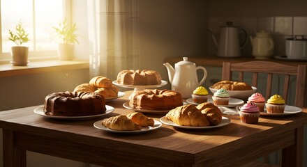 Assortment of freshly baked pastries and cakes displayed on a wooden table.