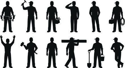 Construction worker silhouette icon set showing builders with tools hammer drill shovel poses isolated on white background vector illustration © Tanjimul